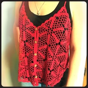 Crocheted, red, spaghetti strap top with buttons